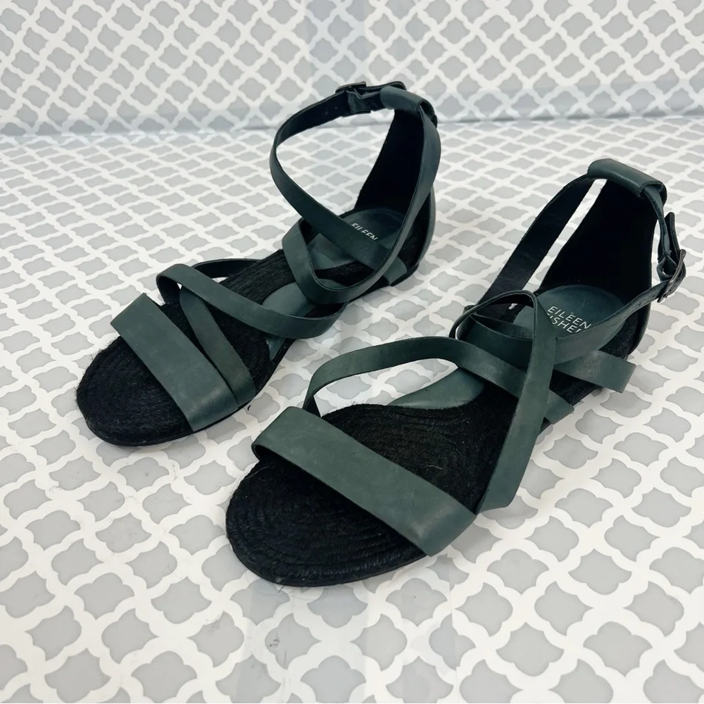 EUC Eileen Fisher Grey Nubuck Leather Strappy Espadrille Ankle Strap Sandal